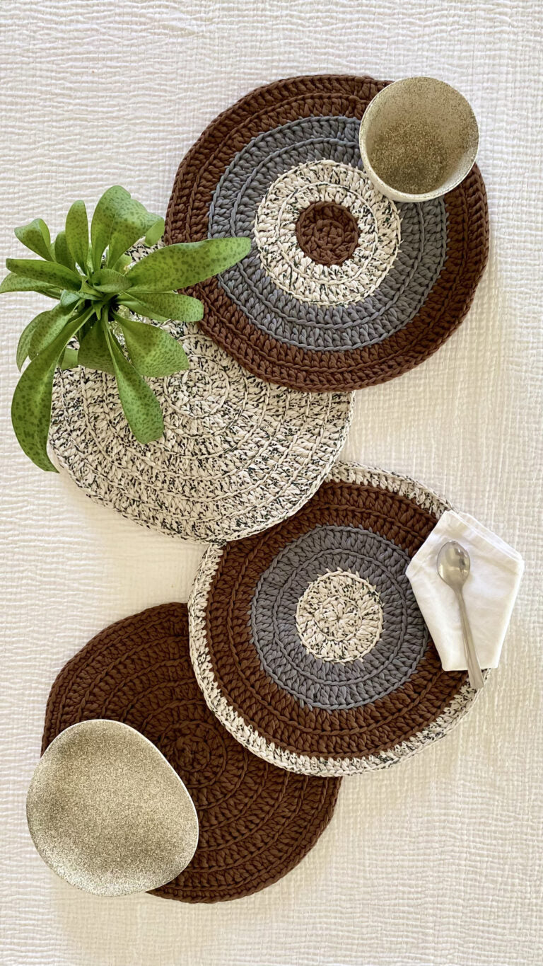 Image of Set of 4 Round Crochet Placemats / Dining Mats Brown Grey