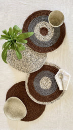 Set of 4 Round Crochet Placemats / Dining Mats Brown Grey