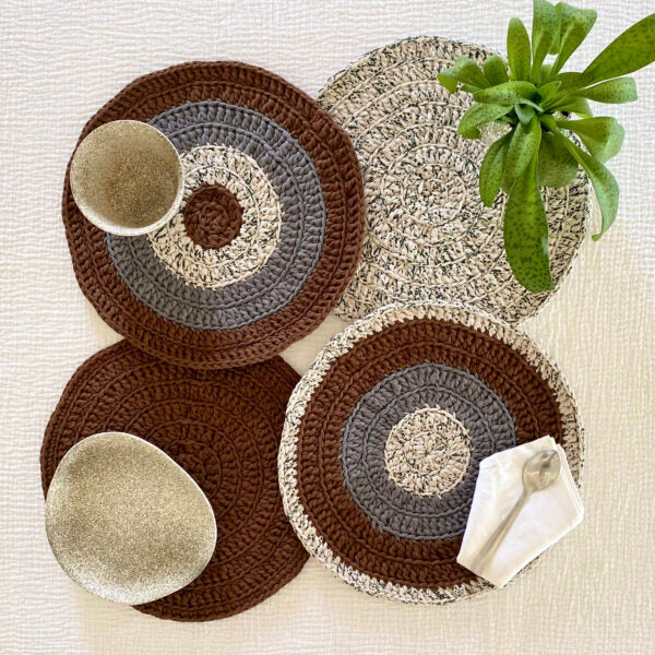 Image of Set of 4 Round Crochet Placemats / Dining Mats Brown Grey