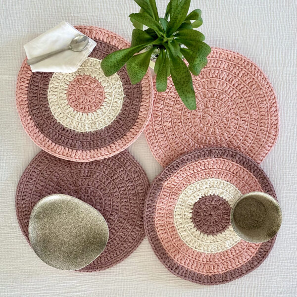 Image of Set of 4 Round Crochet Placemats / Dining Mats Peach Light Brown