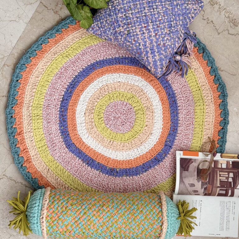 Image of Round Crochet Floor Rug Green, Sea green, Purple, Peach, Off white