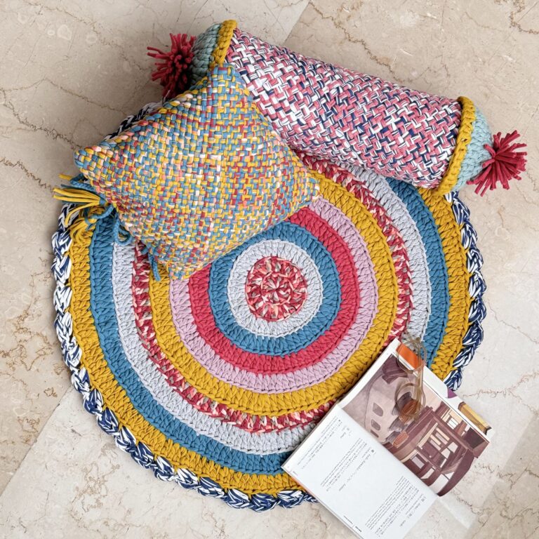 Image of Round Crochet Floor Rug Coral, Blue, Light pink, Yellow, Beige, Light grey