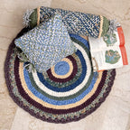 Round Crochet Floor Rug Aubergine, Blue, Moss green, Grey, Lemon, Light purple