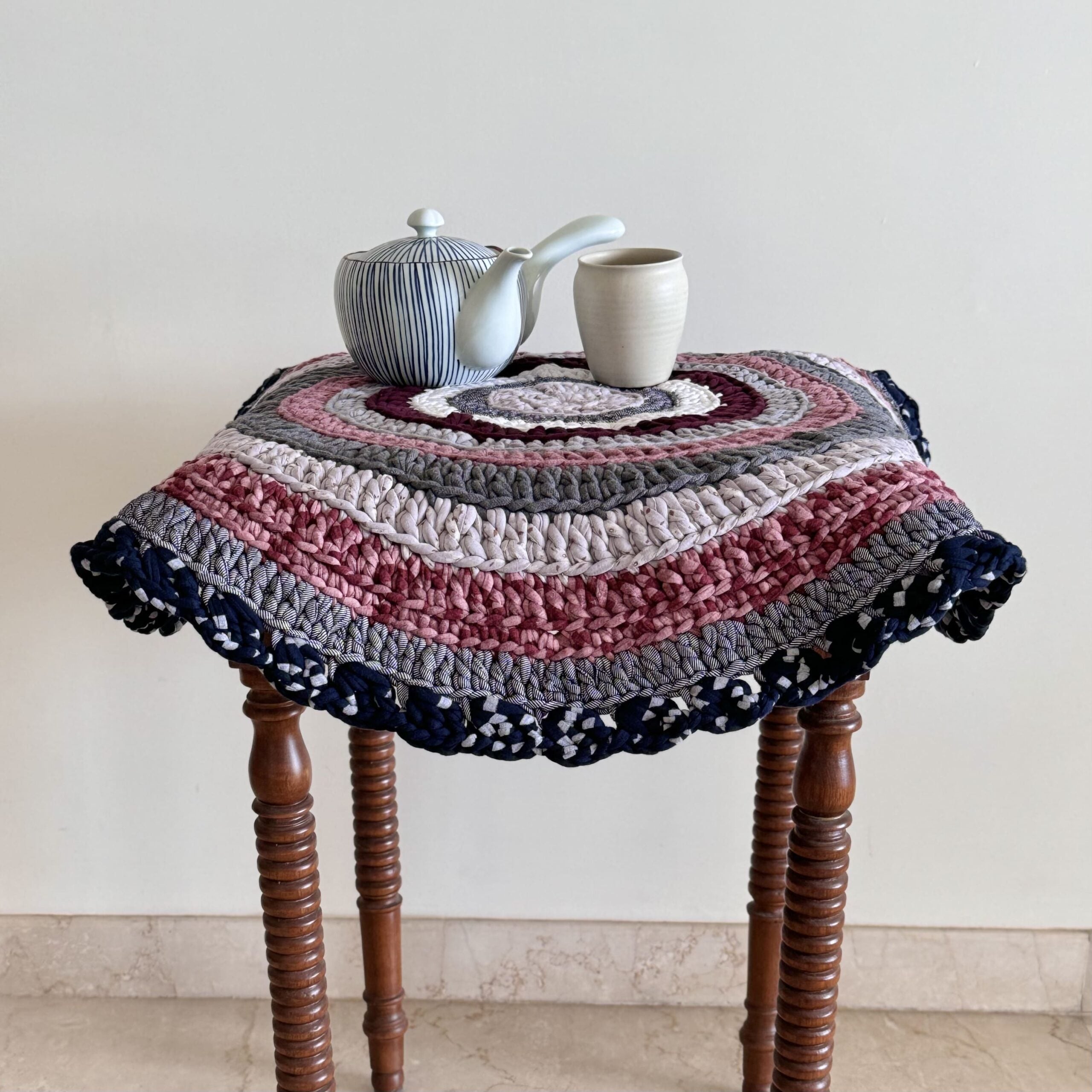 Image of Round Crochet Floor Rug Old rose, Grey, Burgundy, Silver grey, Navy