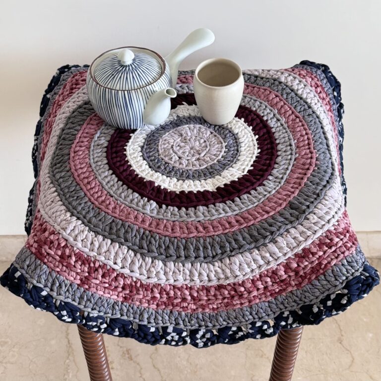 Image of Round Crochet Floor Rug Old rose, Grey, Burgundy, Silver grey, Navy