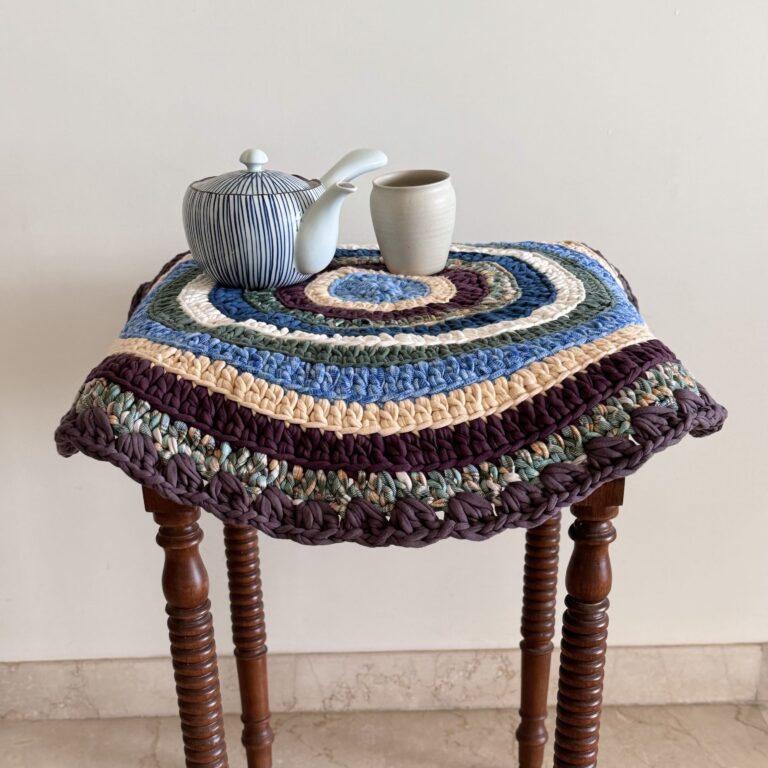 Image of Round Crochet Floor Rug Aubergine, Blue, Moss green, Grey, Lemon, Light purple