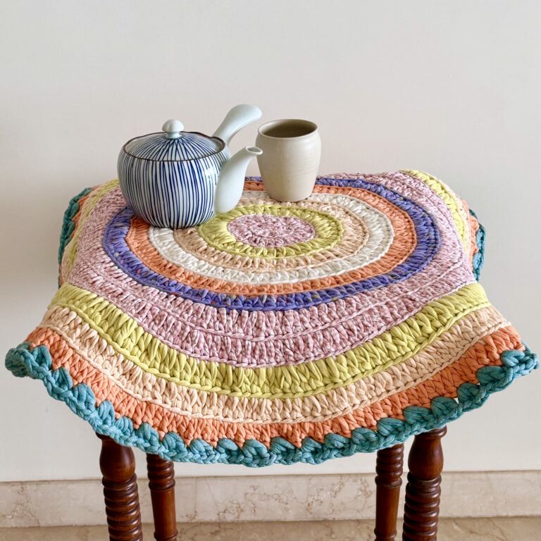 Image of Round Crochet Floor Rug Green, Sea green, Purple, Peach, Off white