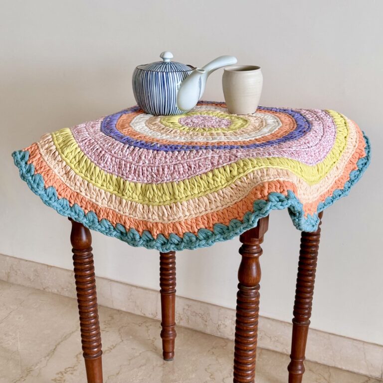 Image of Round Crochet Floor Rug Green, Sea green, Purple, Peach, Off white