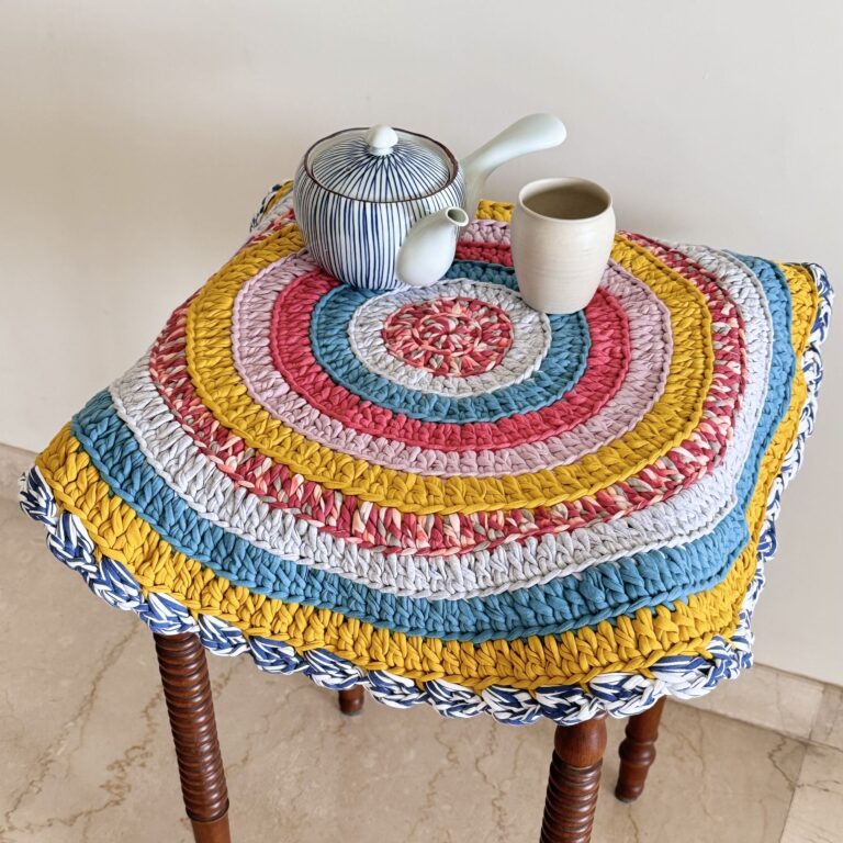 Image of Round Crochet Floor Rug Coral, Blue, Light pink, Yellow, Beige, Light grey