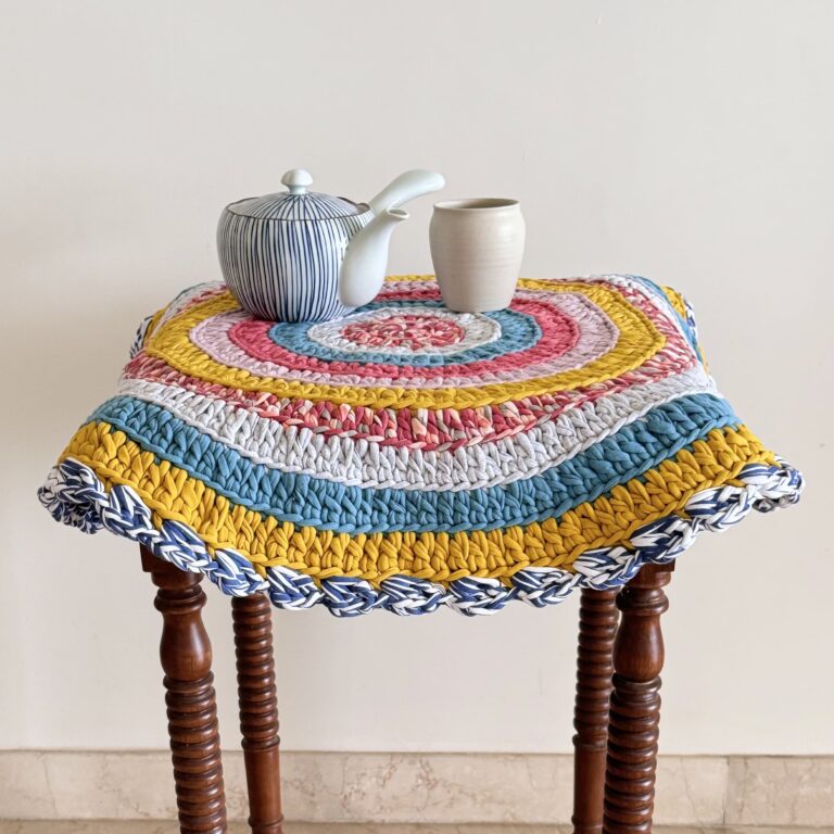 Image of Round Crochet Floor Rug Coral, Blue, Light pink, Yellow, Beige, Light grey
