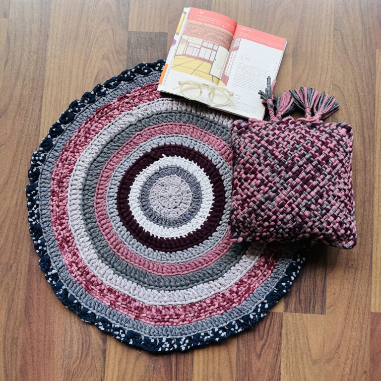 Image of Round Crochet Floor Rug Old rose, Grey, Burgundy, Silver grey, Navy