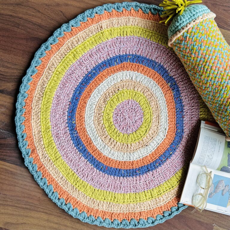 Image of Round Crochet Floor Rug Green, Sea green, Purple, Peach, Off white