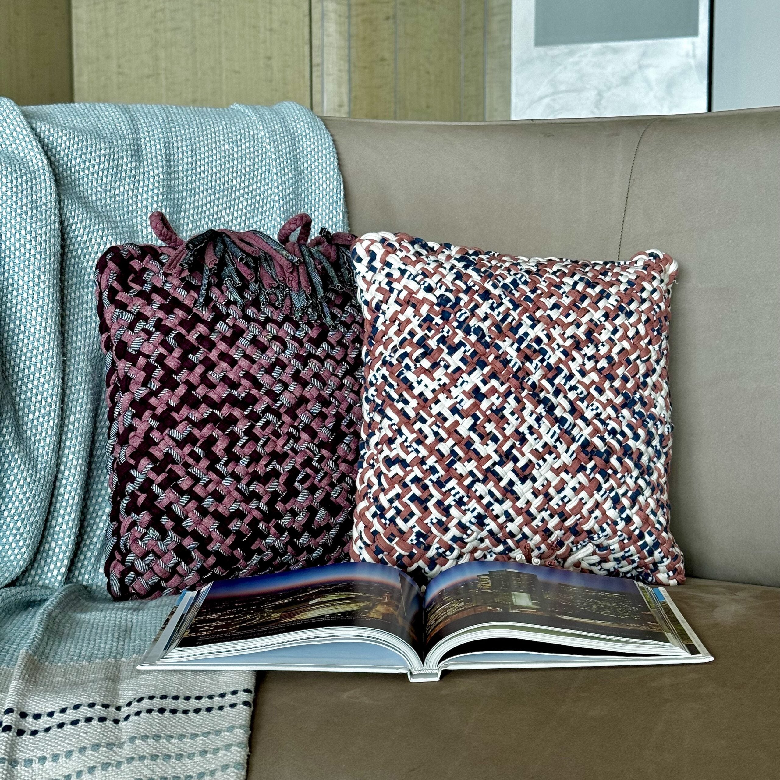 Image of Square Cushion Cover With Filler | Old Rose, Grey, Navy