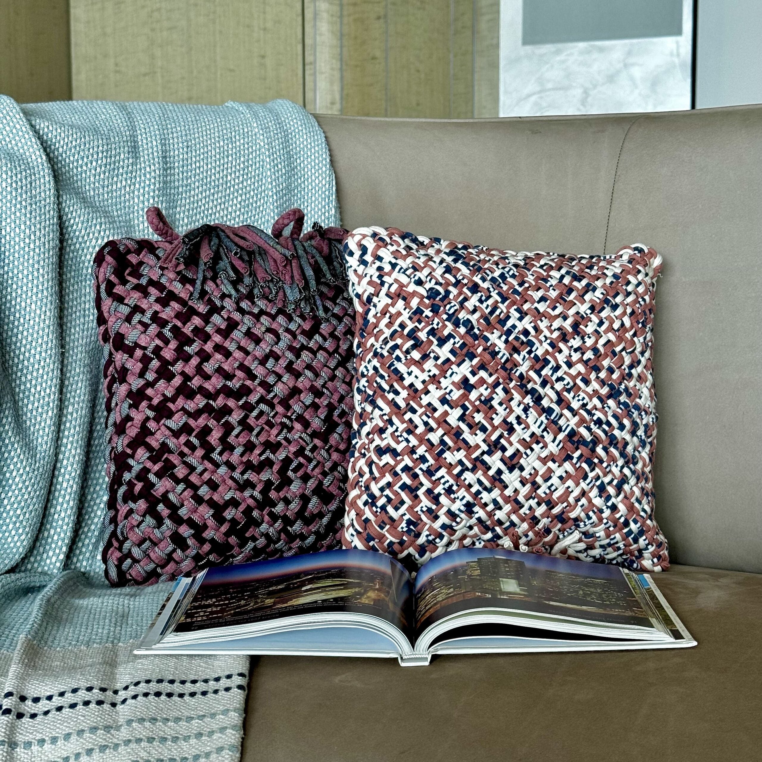 Image of Square Cushion Cover With Filler | Dark Rouge, Off White, Navy