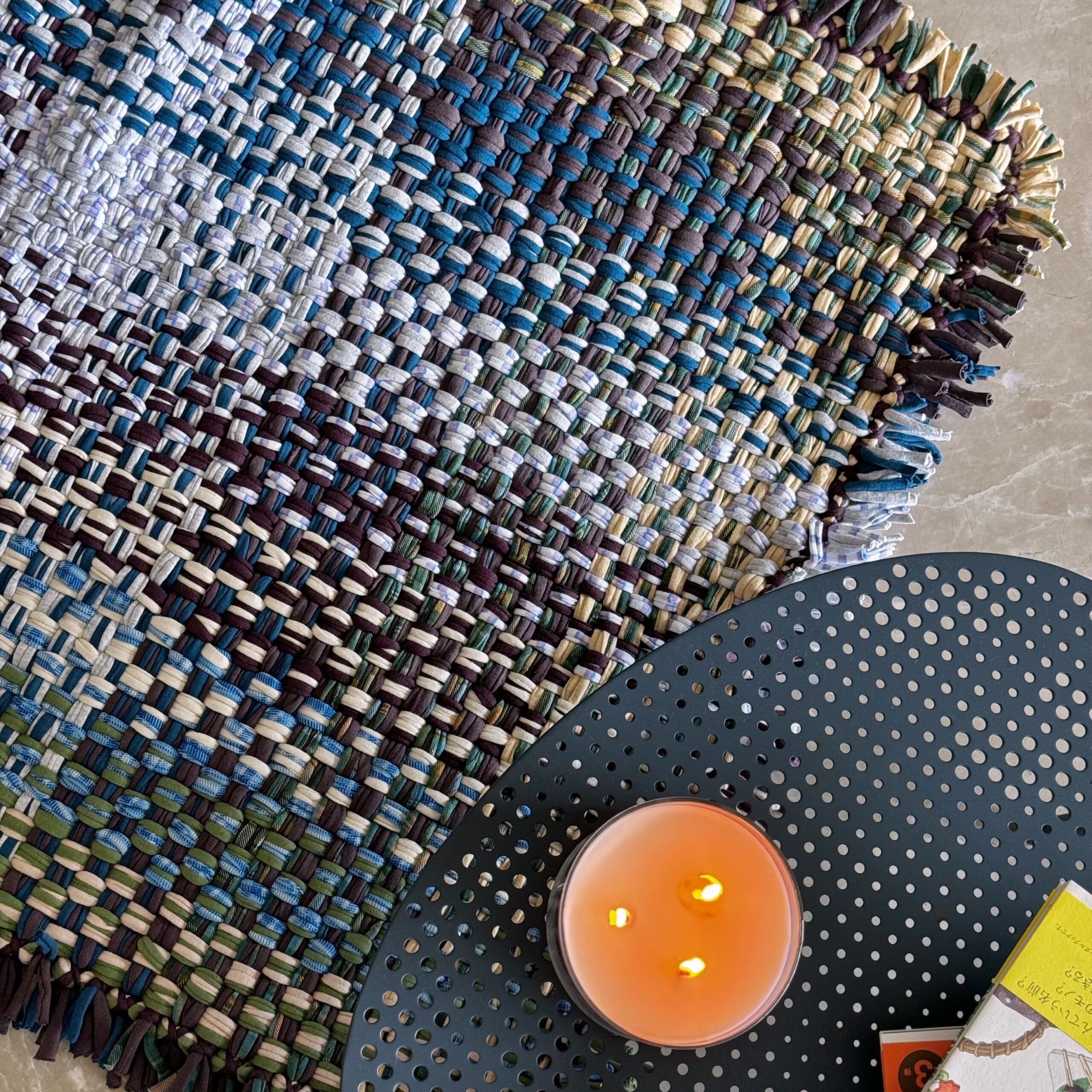 Image of Tassel Floor Rug / Throw Aubergine, Blue, Moss Green, Grey, Lemon, Light Purple