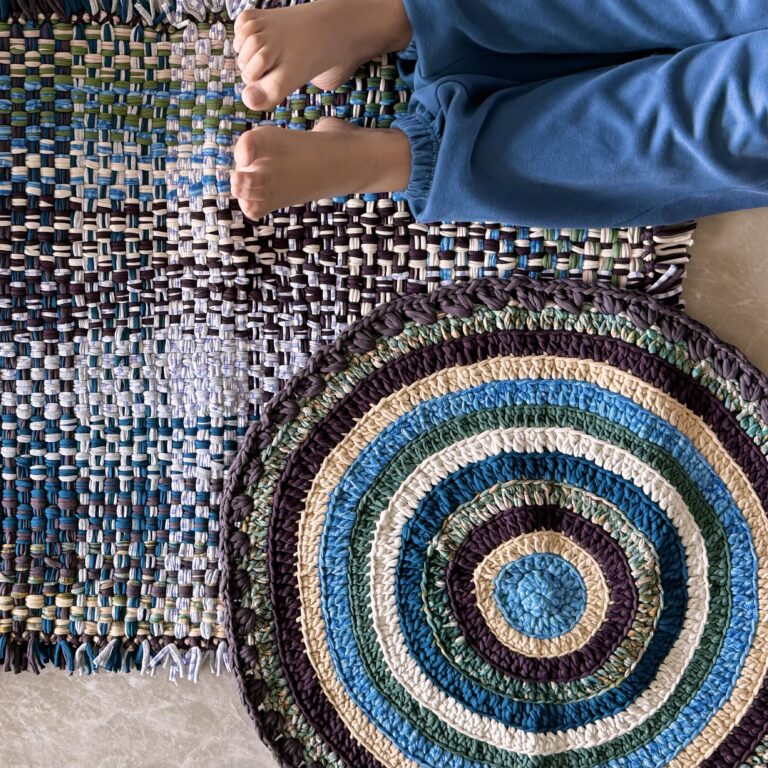 Image of Round Crochet Floor Rug Aubergine, Blue, Moss green, Grey, Lemon, Light purple