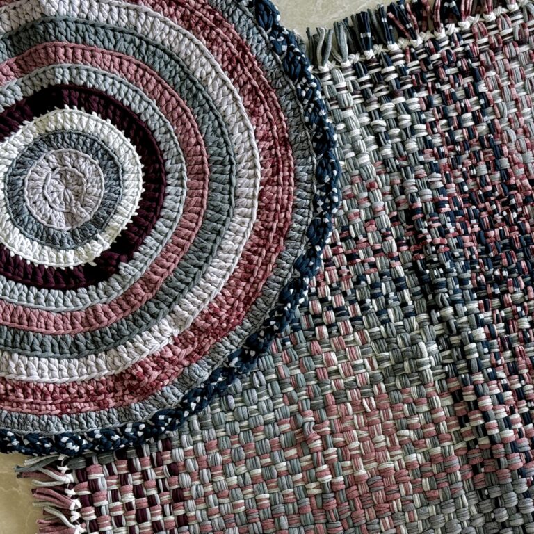 Image of Round Crochet Floor Rug Old rose, Grey, Burgundy, Silver grey, Navy