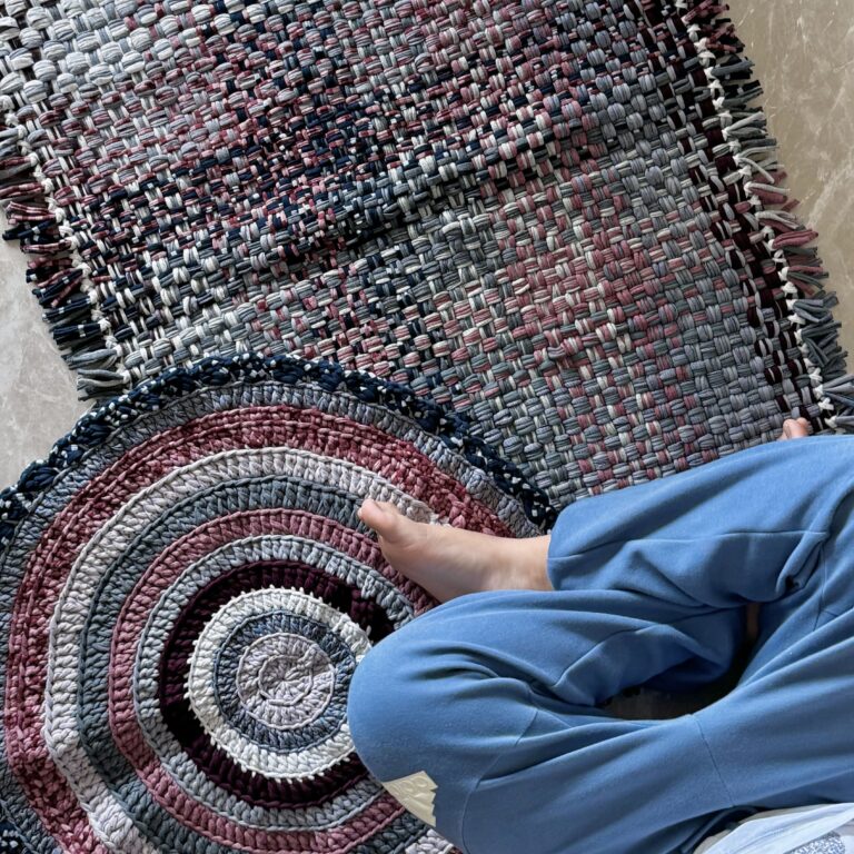 Image of Round Crochet Floor Rug Old rose, Grey, Burgundy, Silver grey, Navy
