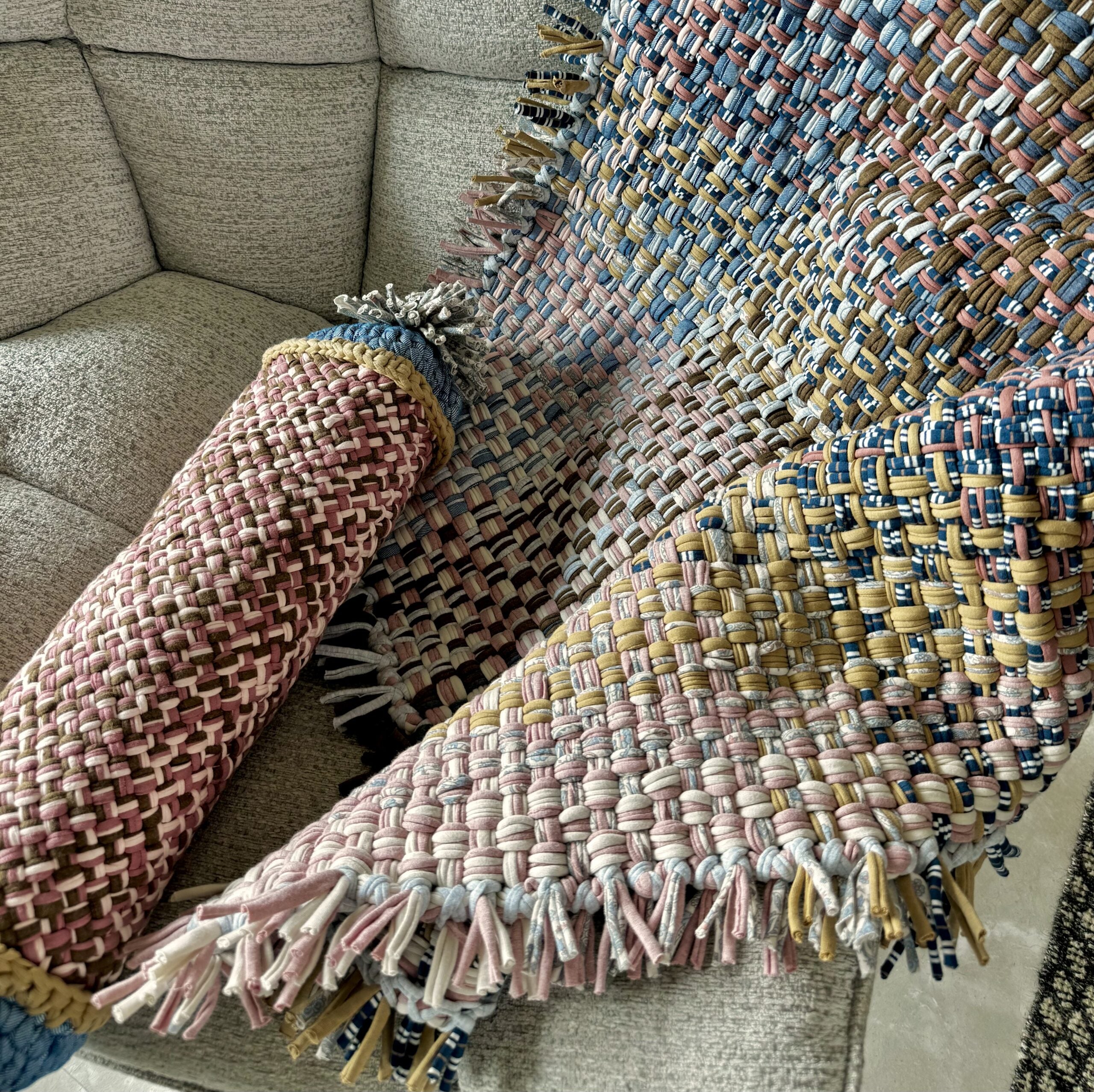 Image of Tassel Floor Rug / Throw Pink, Denim Blue, Brown, Beige, Navy, Off White