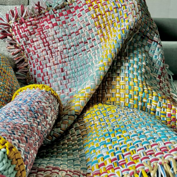Image of Tassel Floor Rug / Throw Coral, Blue, Light Pink, Yellow, Beige, Light Grey
