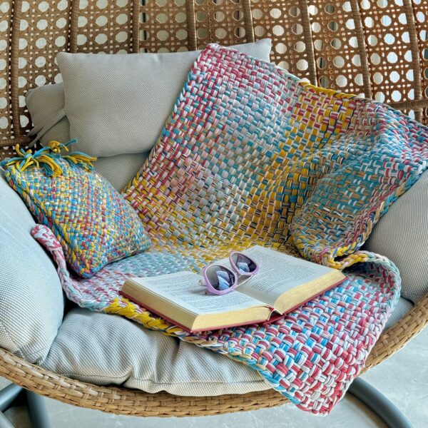 Image of Braided Edged Floor Rug / Throw | Coral, Blue, Light Pink, Yellow, Beige, Light Grey