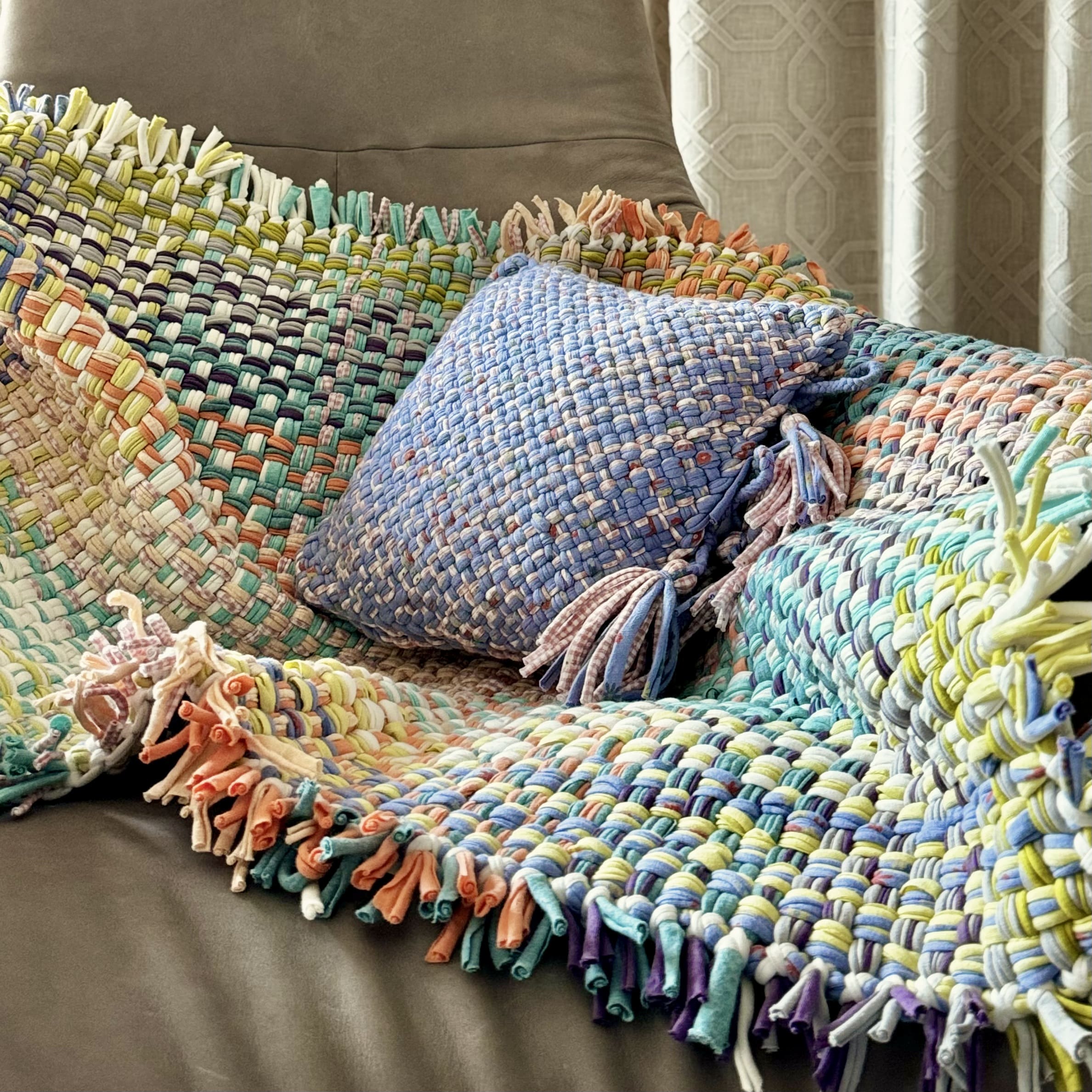 Image of Tassel Floor Rug / Throw Green, Sea Green, Purple, Peach, Off White