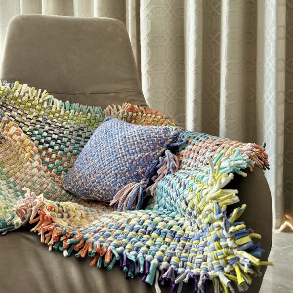 Image of Tassel Floor Rug / Throw Green, Sea Green, Purple, Peach, Off White