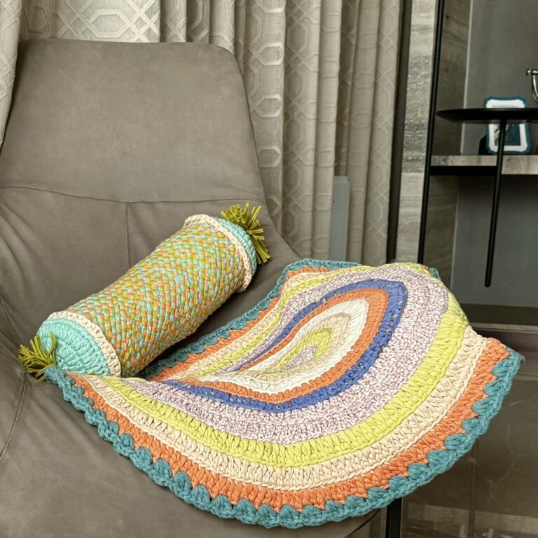 Image of Round Crochet Floor Rug Green, Sea green, Purple, Peach, Off white