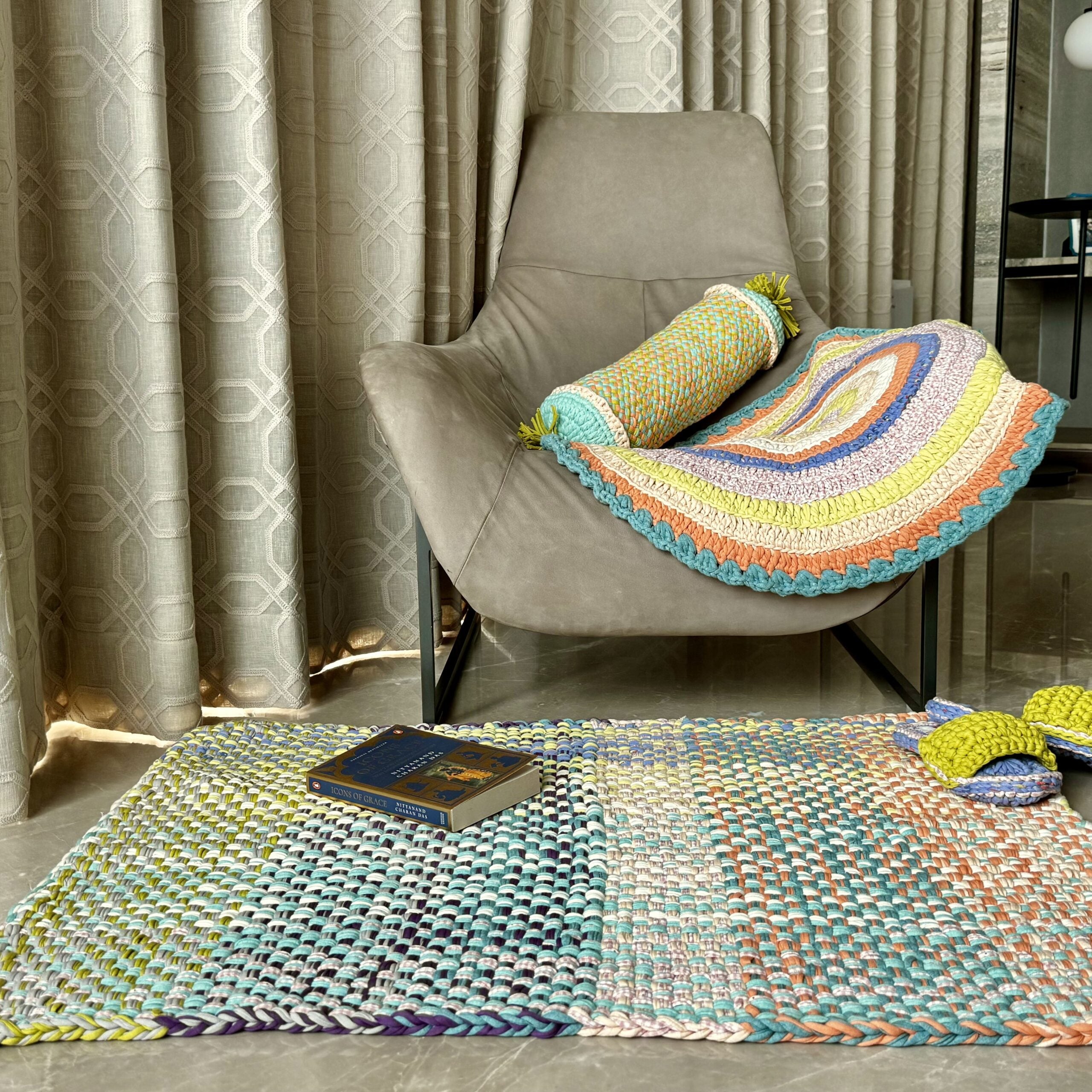 Image of Braided Edged Floor Rug / Throw | Green, Sea Green, Purple, Peach, Off White