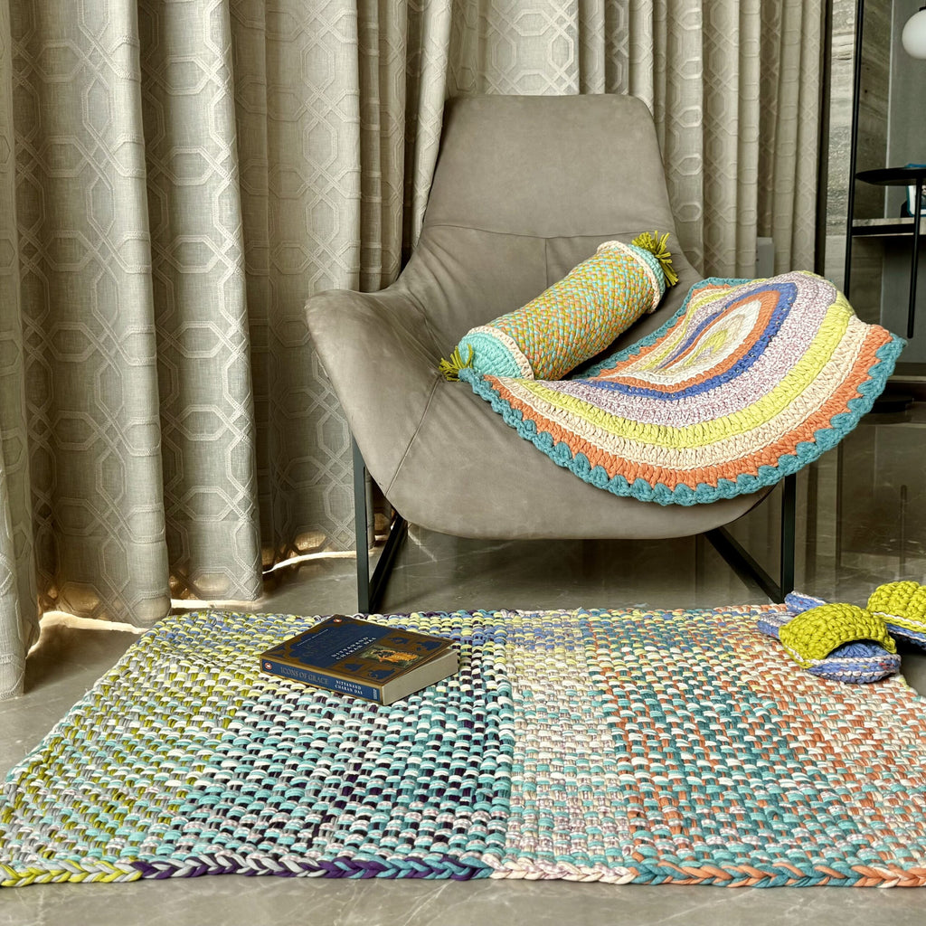 Braided Edged Floor Rug / Throw | Green, Sea Green, Purple, Peach, Off White