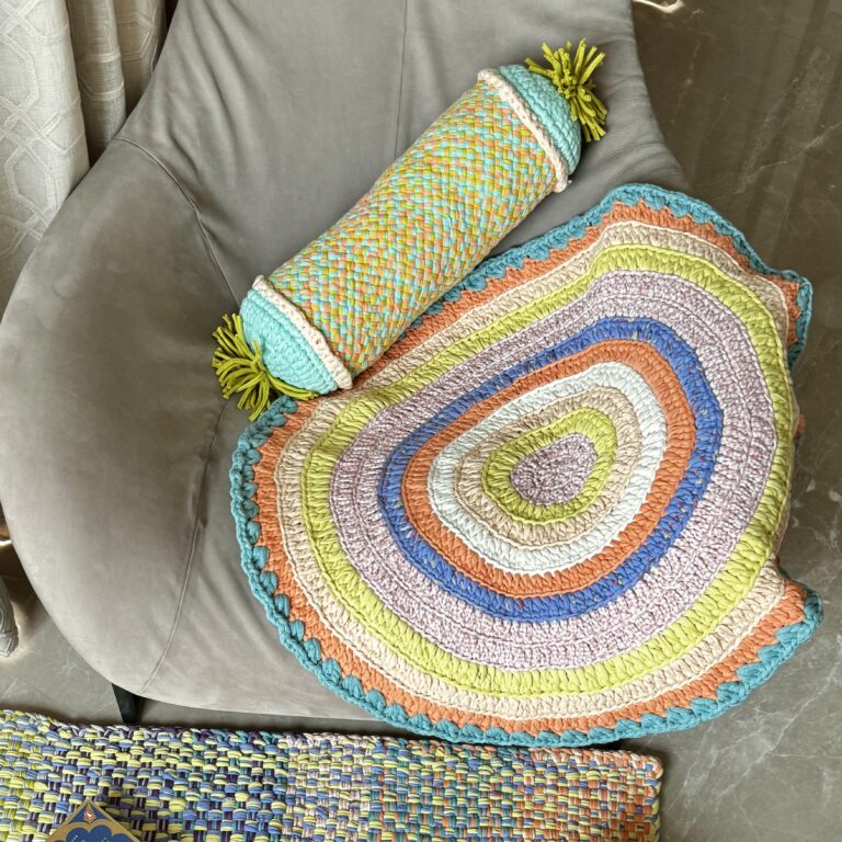 Image of Round Crochet Floor Rug Green, Sea green, Purple, Peach, Off white