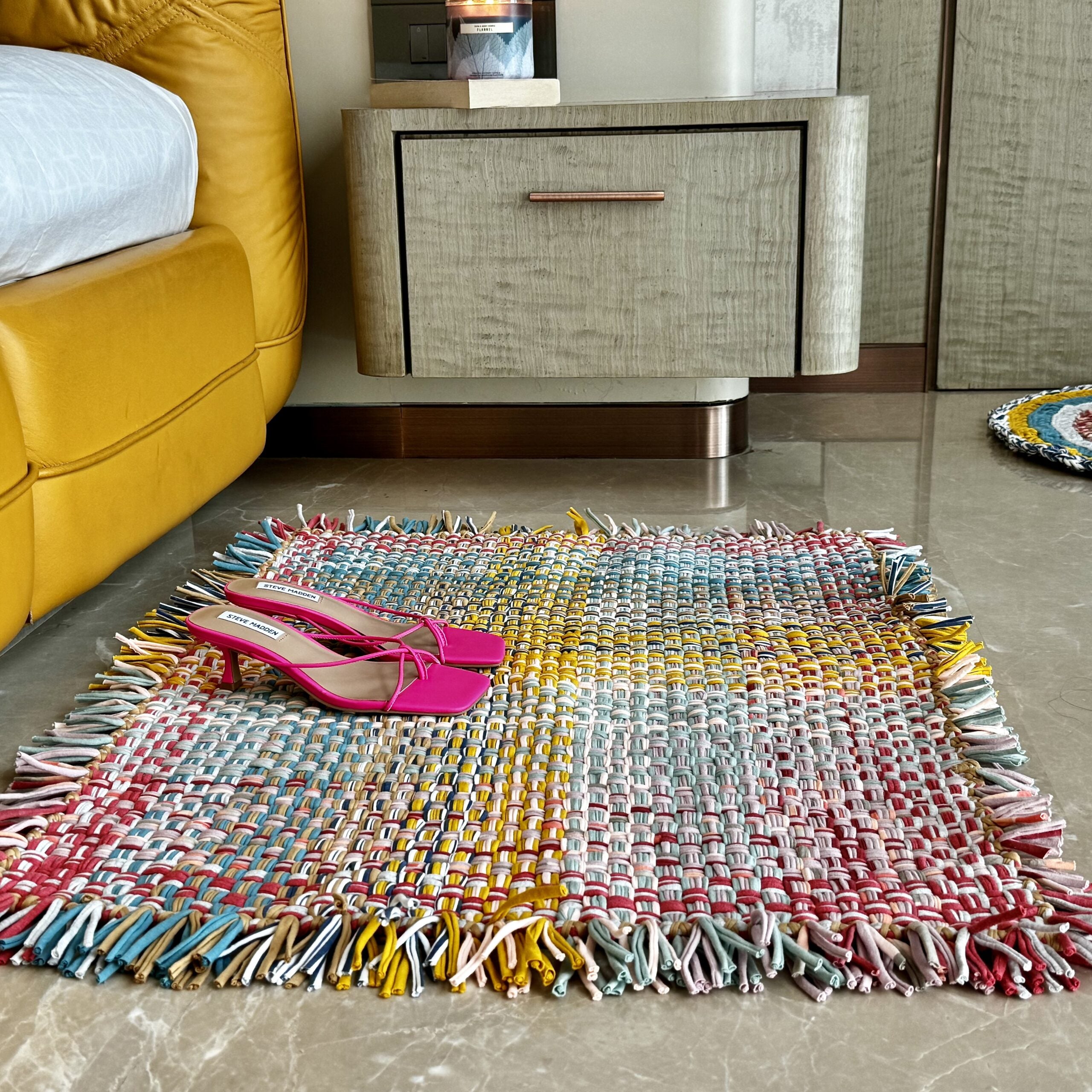 Image of Tassel Floor Rug / Throw Coral, Blue, Light Pink, Yellow, Beige, Light Grey
