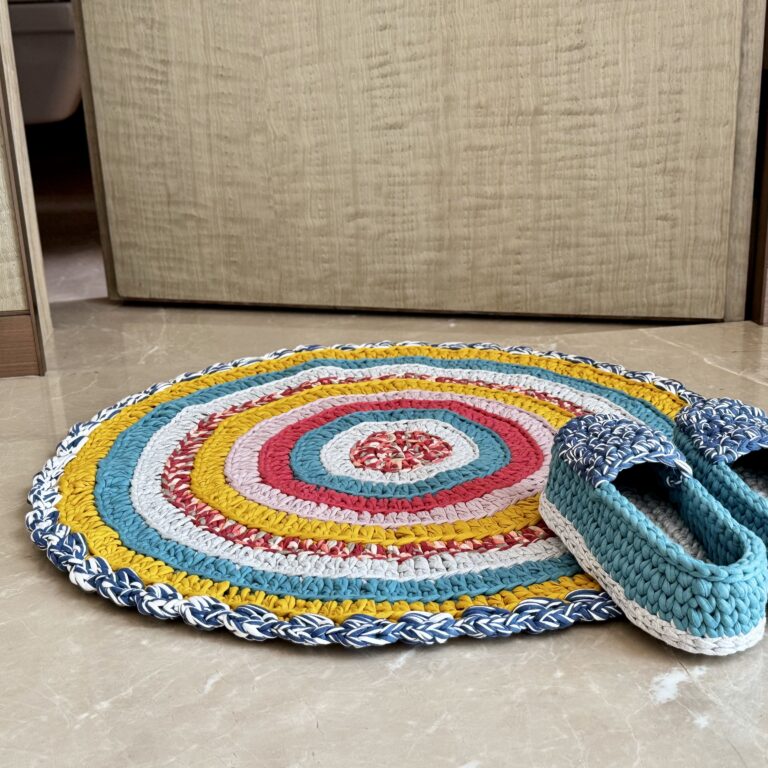 Image of Round Crochet Floor Rug Coral, Blue, Light pink, Yellow, Beige, Light grey