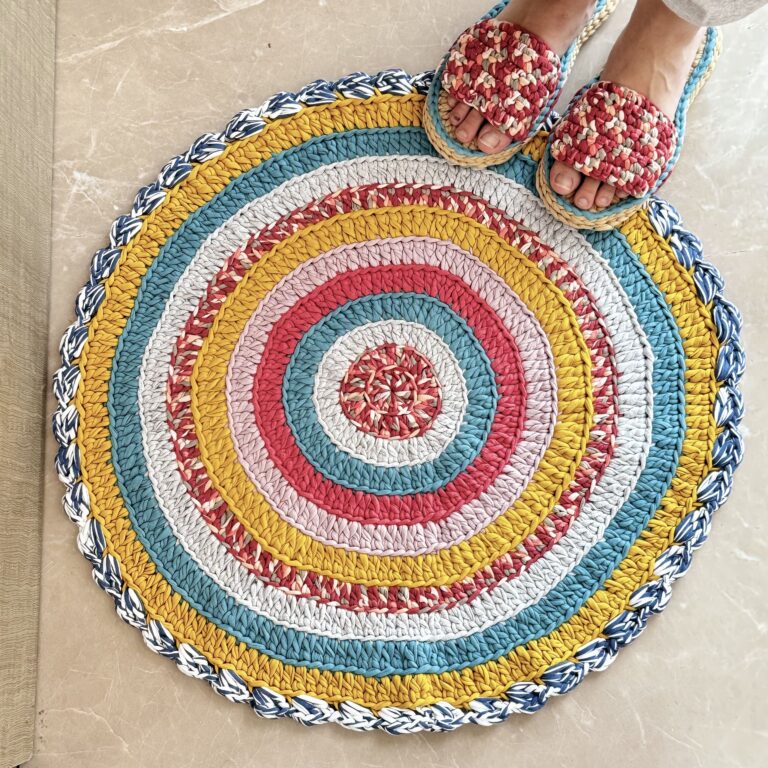 Image of Round Crochet Floor Rug Coral, Blue, Light pink, Yellow, Beige, Light grey