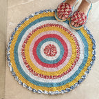 Round Crochet Floor Rug Coral, Blue, Light pink, Yellow, Beige, Light grey