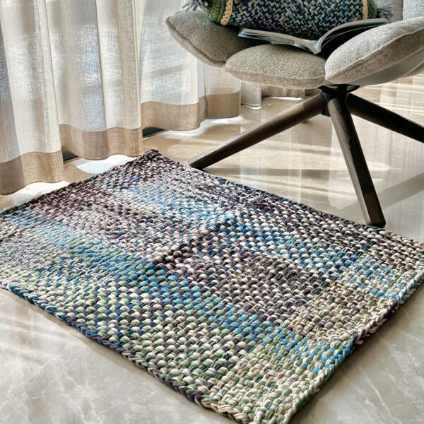 Image of Braided Edged Floor Rug / Throw | Aubergine, Blue, Moss green, grey, lemon, light purple