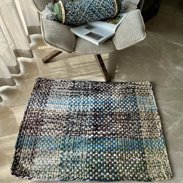 Image of Braided Edged Floor Rug / Throw | Aubergine, Blue, Moss green, grey, lemon, light purple