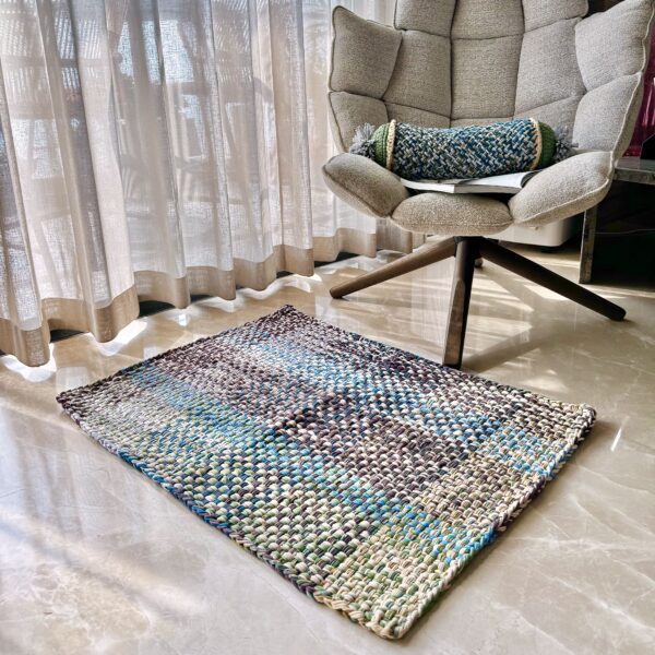 Image of Braided Edged Floor Rug / Throw | Aubergine, Blue, Moss green, grey, lemon, light purple