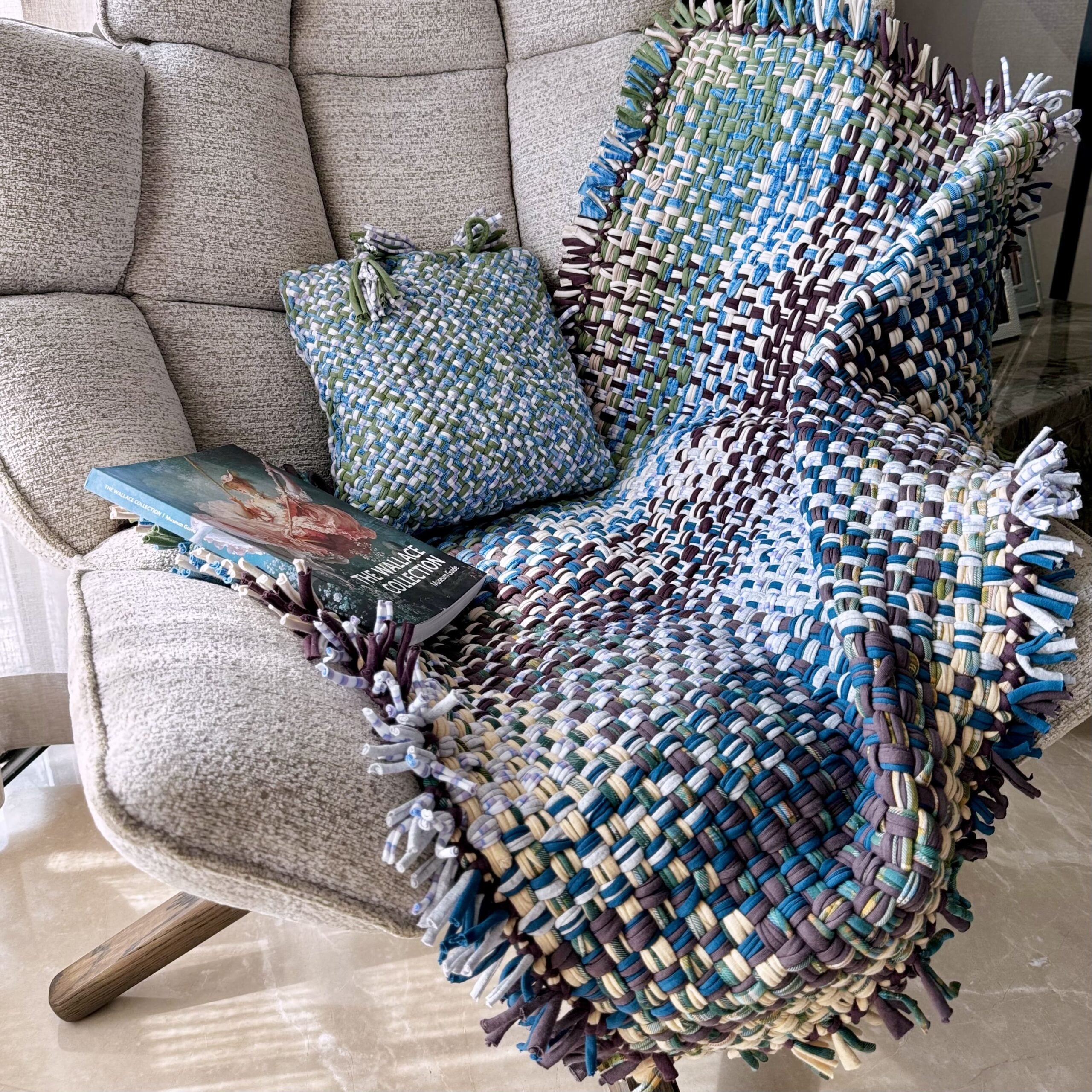 Image of Tassel Floor Rug / Throw Aubergine, Blue, Moss Green, Grey, Lemon, Light Purple