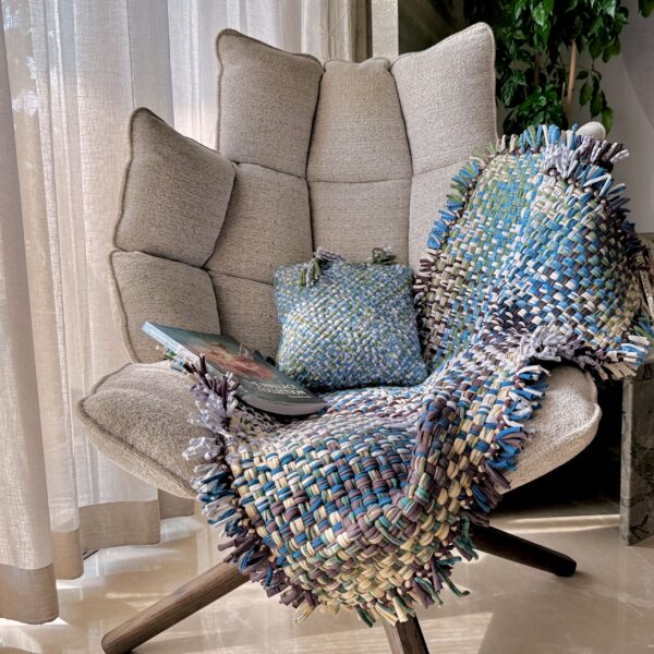 Image of Tassel Floor Rug / Throw Aubergine, Blue, Moss Green, Grey, Lemon, Light Purple