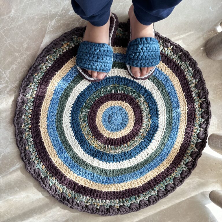 Image of Round Crochet Floor Rug Aubergine, Blue, Moss green, Grey, Lemon, Light purple