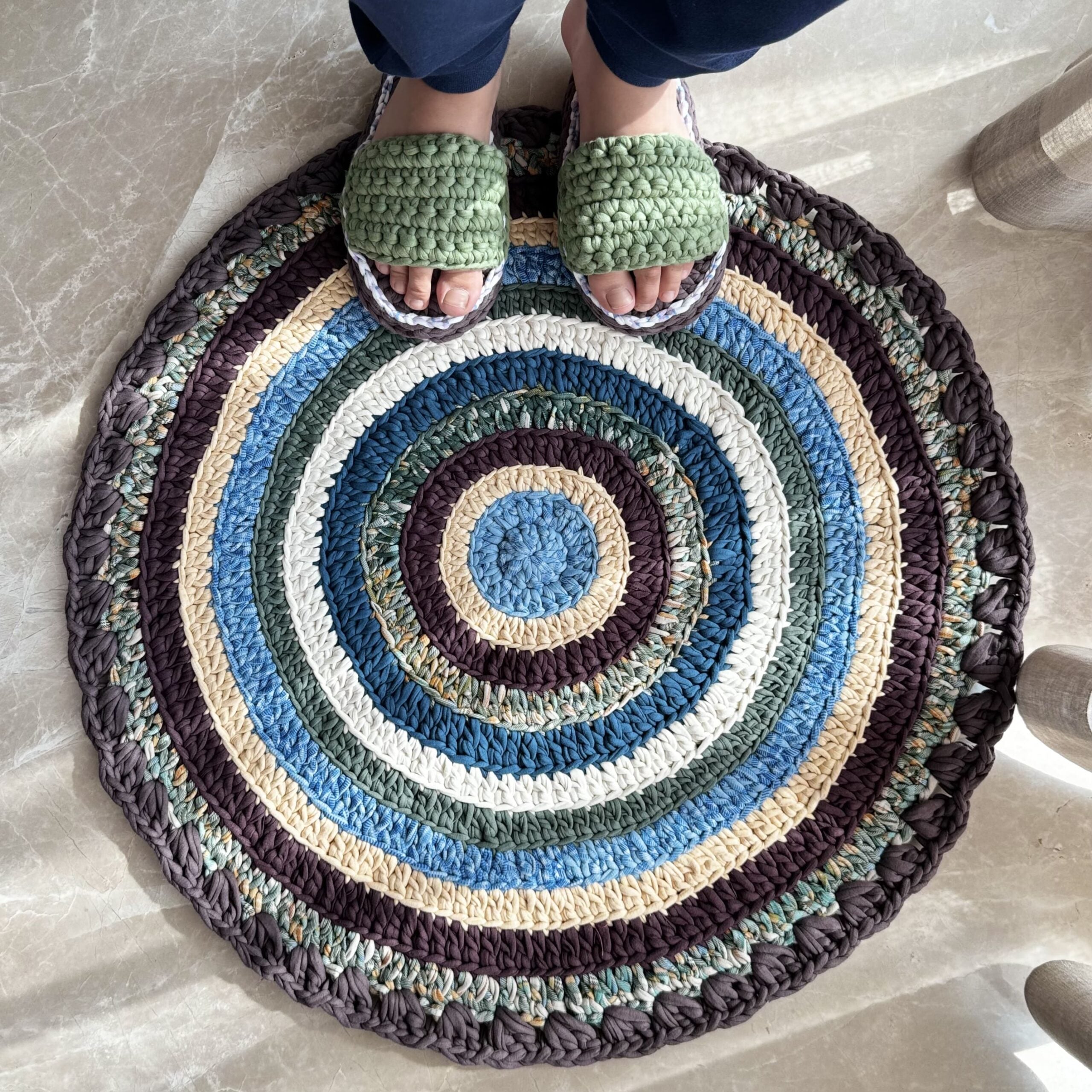 Image of Round Crochet Floor Rug Aubergine, Blue, Moss green, Grey, Lemon, Light purple