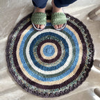Round Crochet Floor Rug Aubergine, Blue, Moss green, Grey, Lemon, Light purple