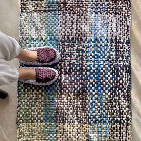 Image of Braided Edged Floor Rug / Throw | Aubergine, Blue, Moss green, grey, lemon, light purple