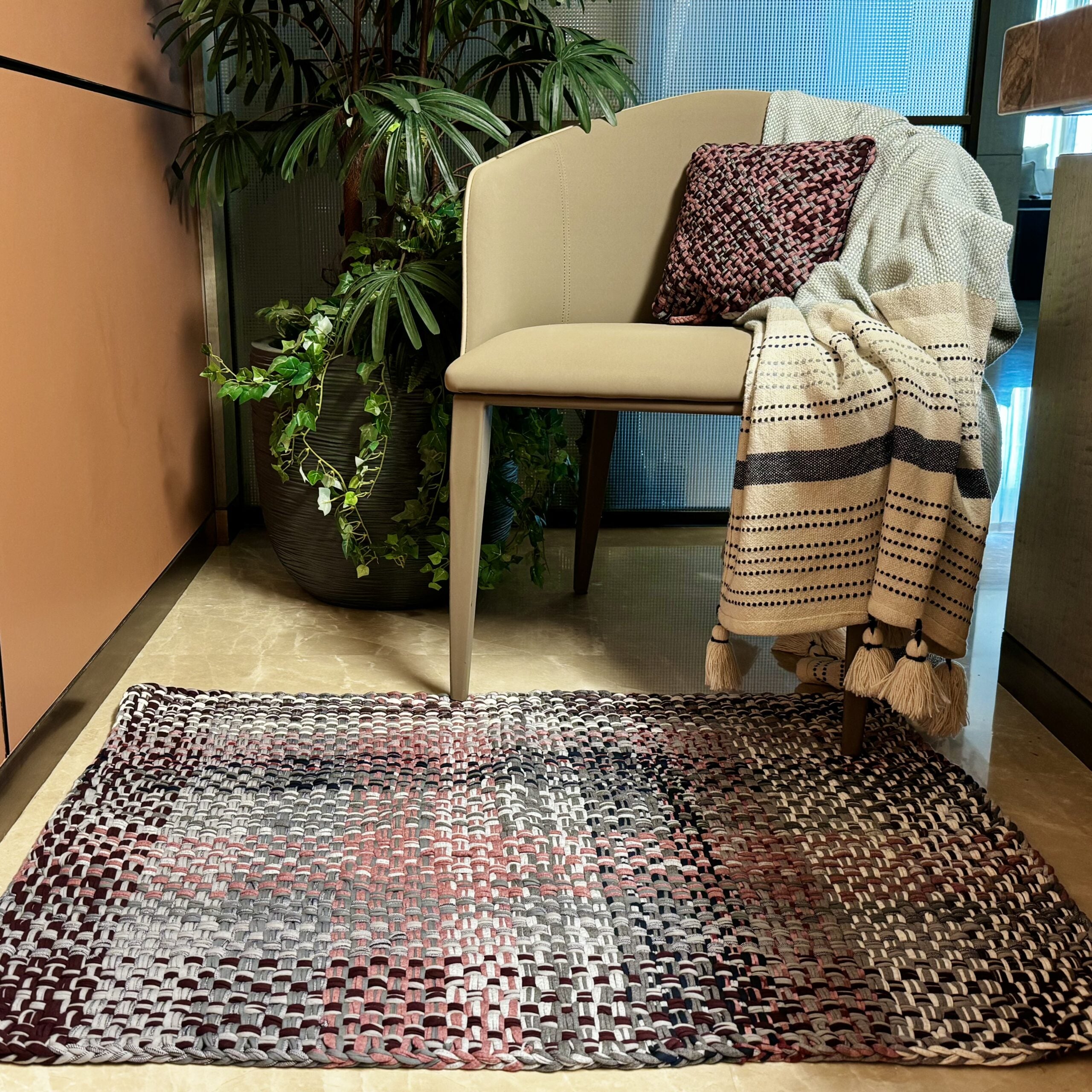 Image of Braided Edged Floor Rug / Throw | Old Rose, Grey, Burgundy, Silver Grey, Navy