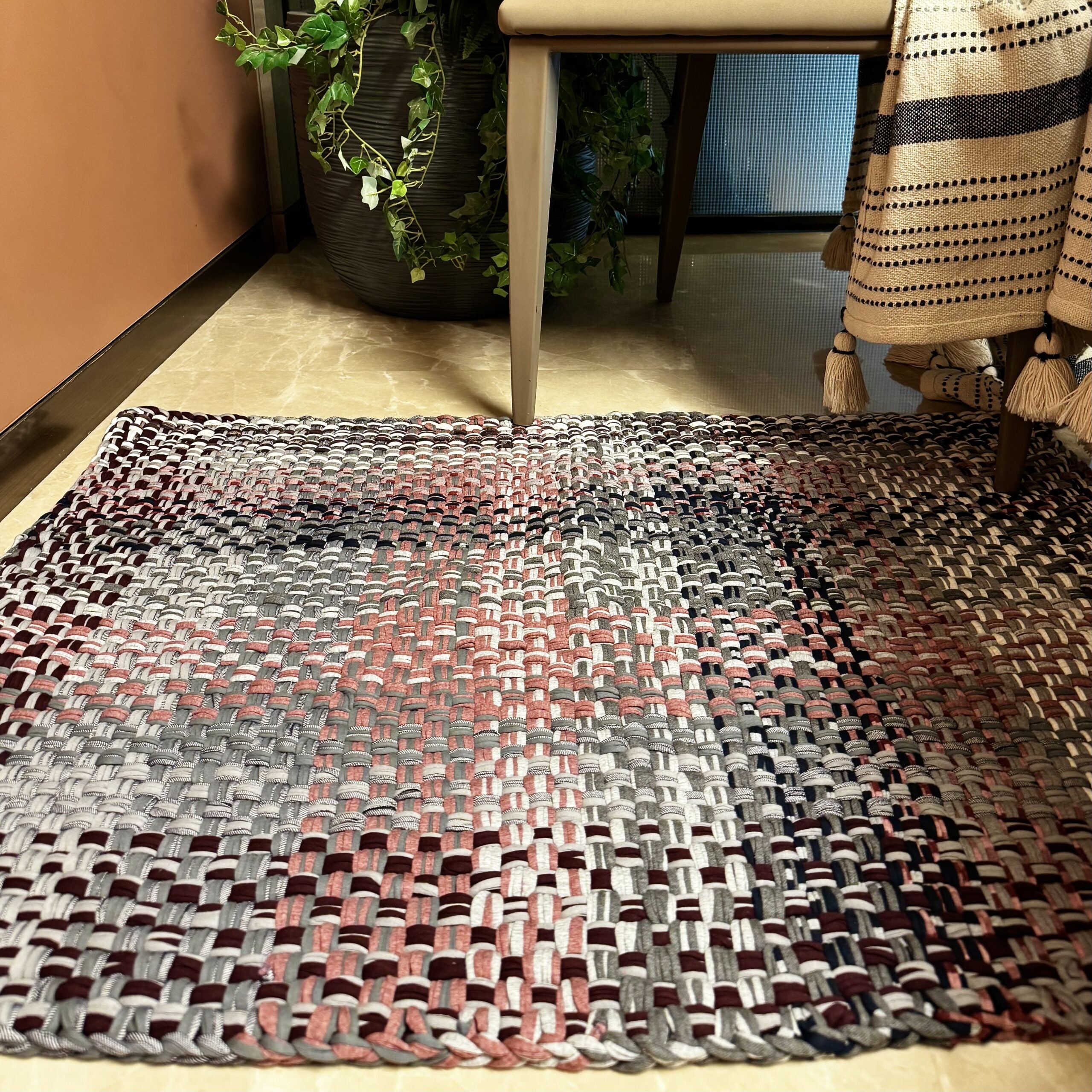 Image of Braided Edged Floor Rug / Throw | Old Rose, Grey, Burgundy, Silver Grey, Navy