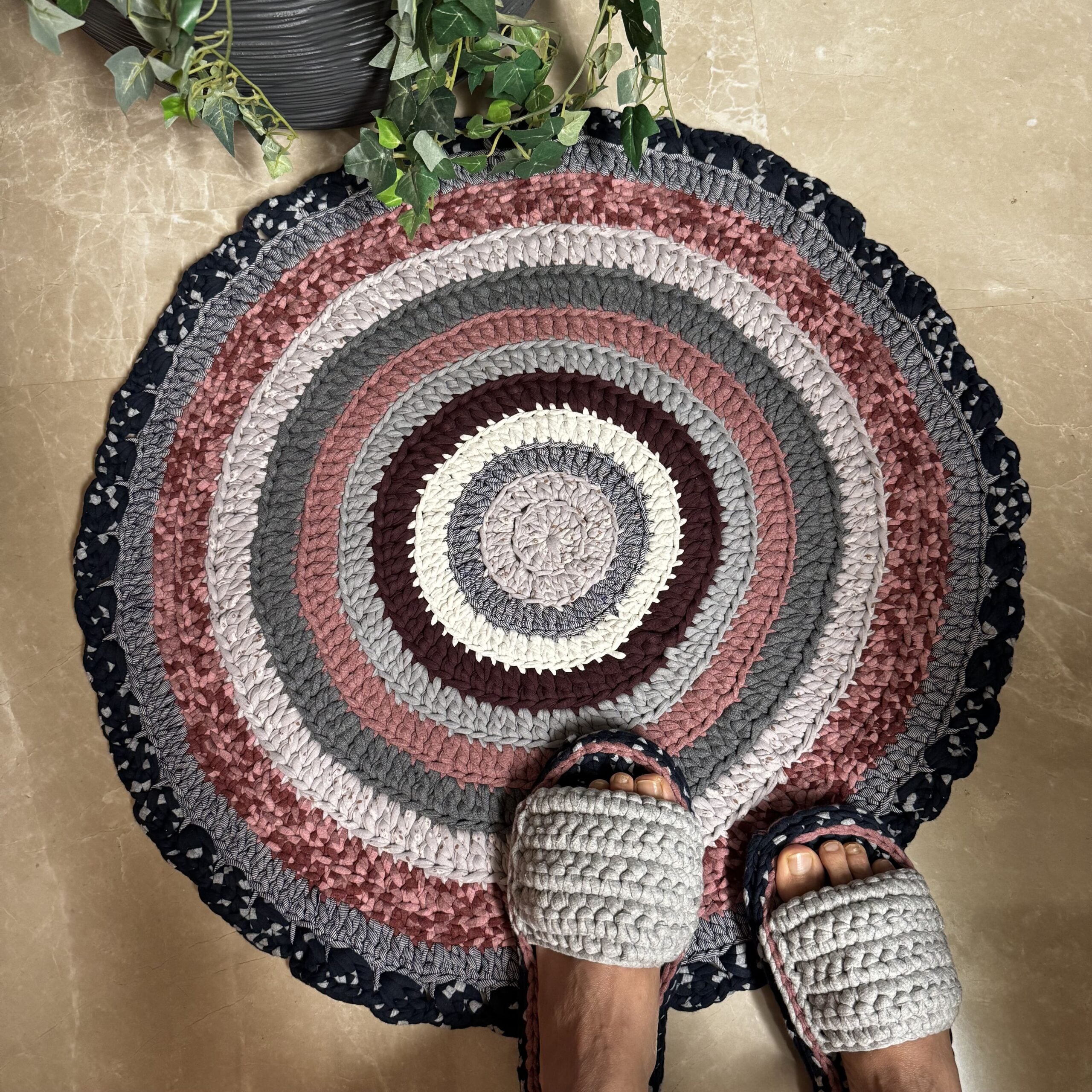 Image of Round Crochet Floor Rug Old rose, Grey, Burgundy, Silver grey, Navy