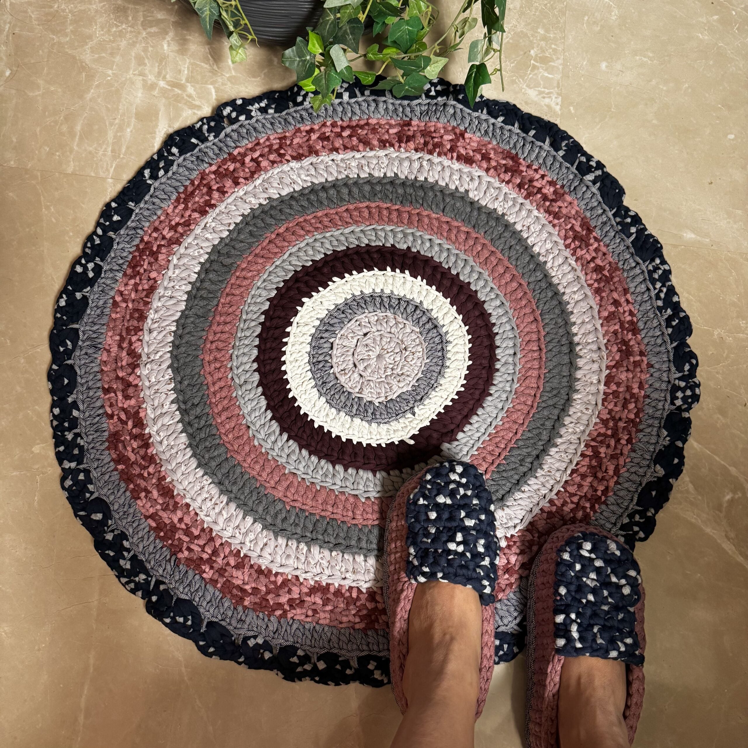 Image of Round Crochet Floor Rug Old rose, Grey, Burgundy, Silver grey, Navy