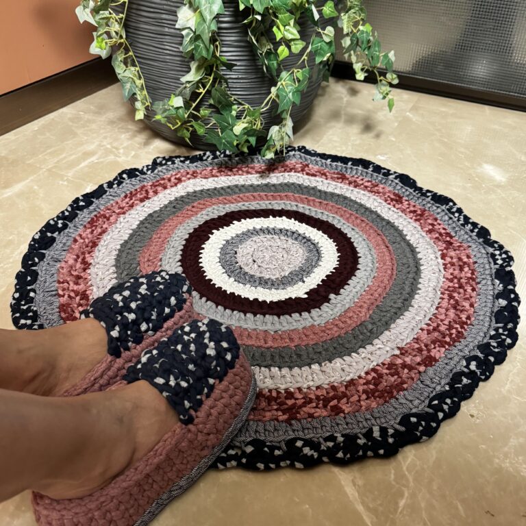 Image of Round Crochet Floor Rug Old rose, Grey, Burgundy, Silver grey, Navy