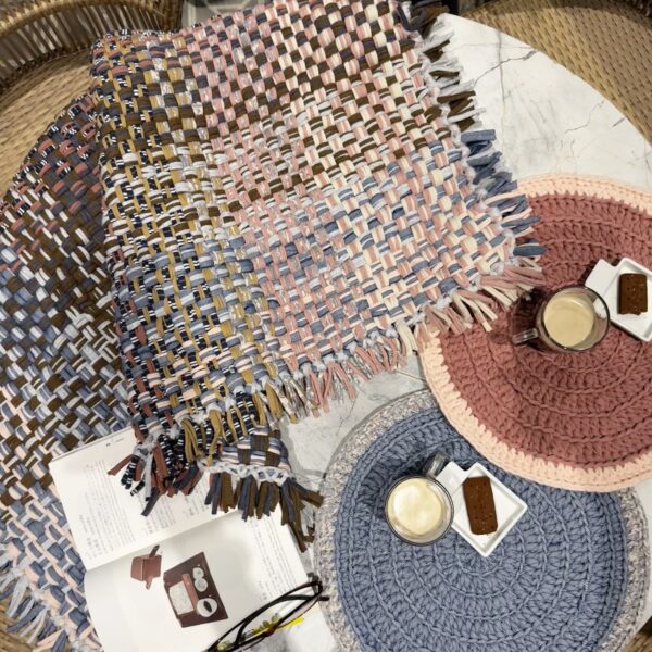 Image of Tassel Floor Rug / Throw Pink, Denim Blue, Brown, Beige, Navy, Off White